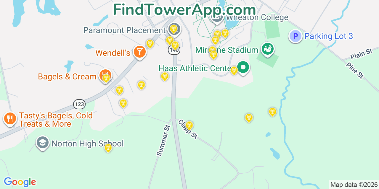 Map showing the 20 primary cell tower locations detected in Norton, Massachusetts from AT&T, Verizon, and T-Mobile networks