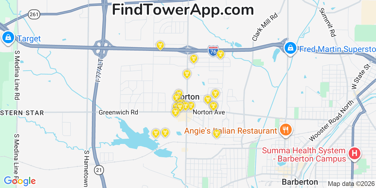 Map showing the 20 primary cell tower locations detected in Norton, Ohio from AT&T, Verizon, and T-Mobile networks