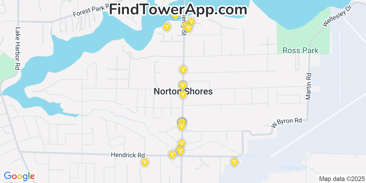 Map showing the 20 primary cell tower locations detected in Norton Shores, Michigan from AT&T, Verizon, and T-Mobile networks