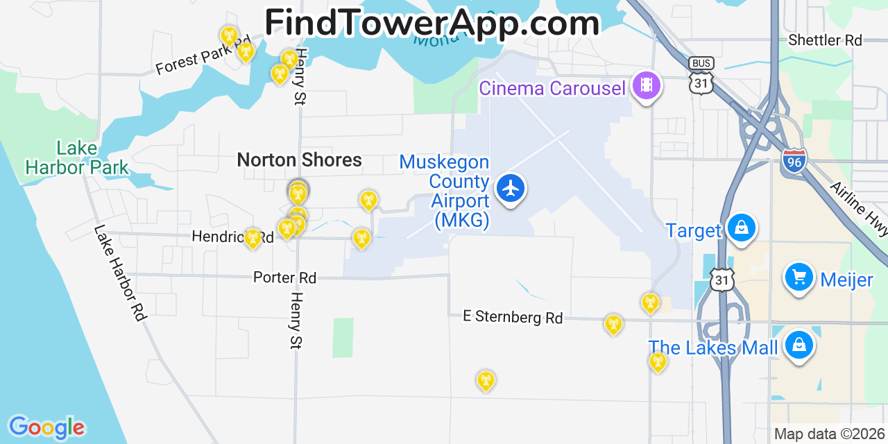 Map showing the 20 primary cell tower locations detected in Norton Shores, Michigan from AT&T, Verizon, and T-Mobile networks