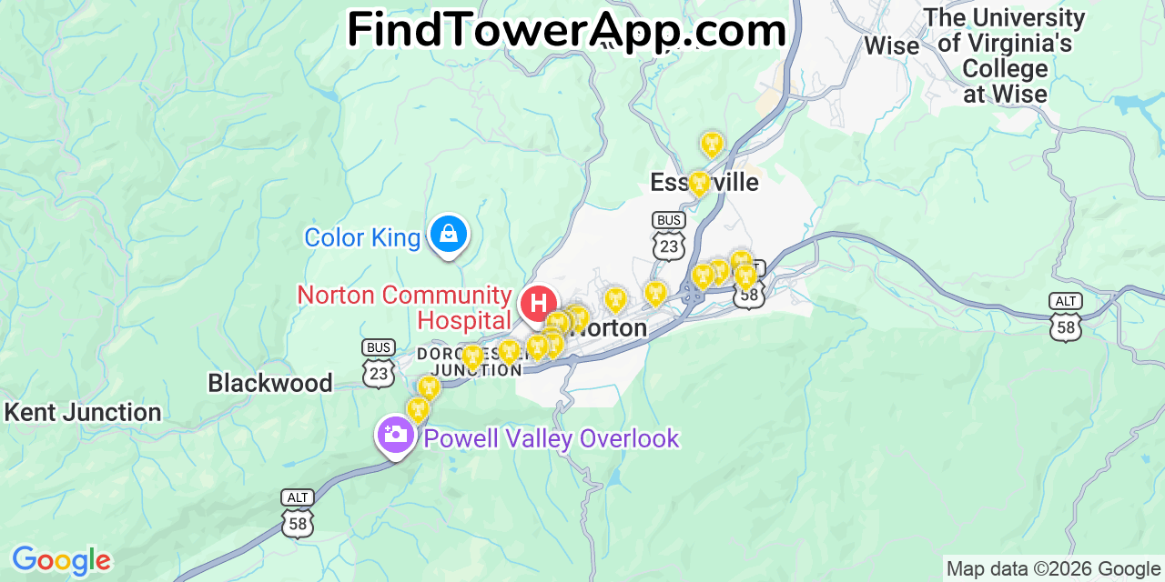 Map showing the 20 primary cell tower locations detected in Norton, Virginia from AT&T, Verizon, and T-Mobile networks