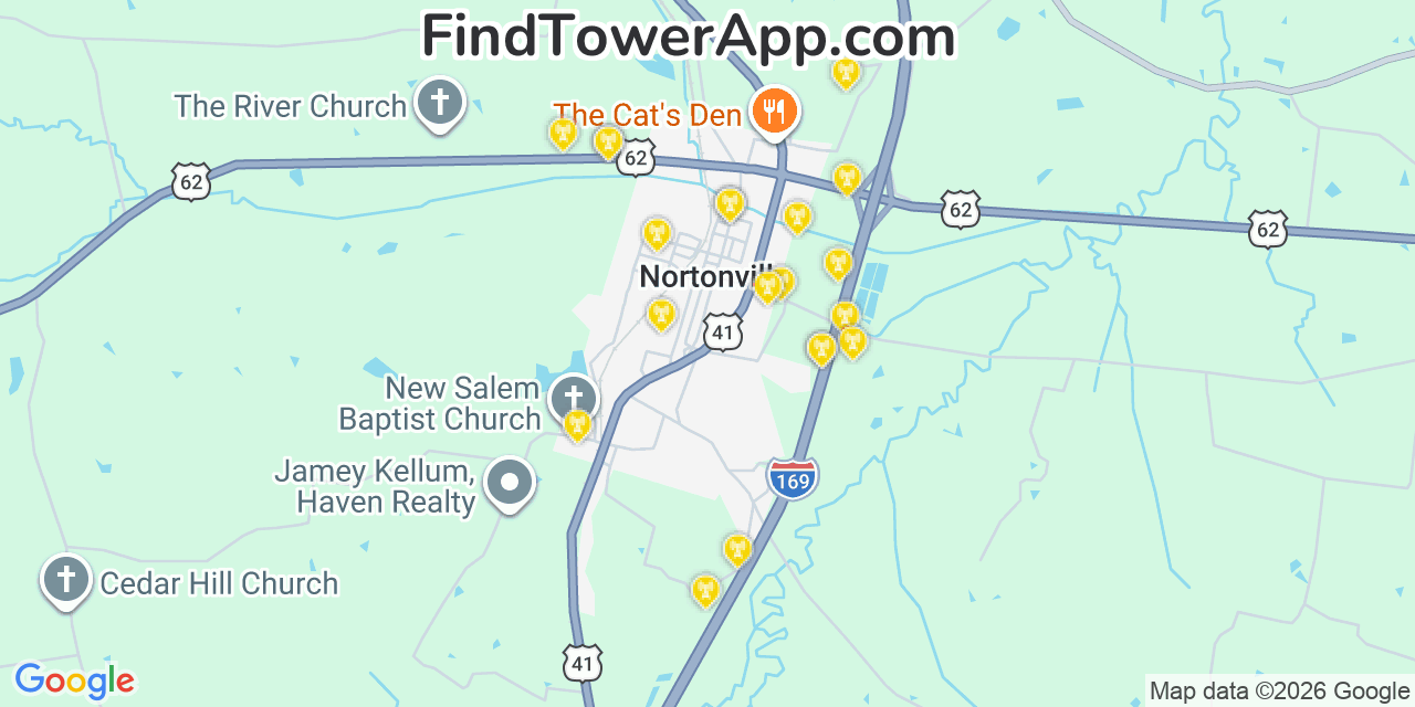 Map showing the 20 primary cell tower locations detected in Nortonville, Kentucky from AT&T, Verizon, and T-Mobile networks