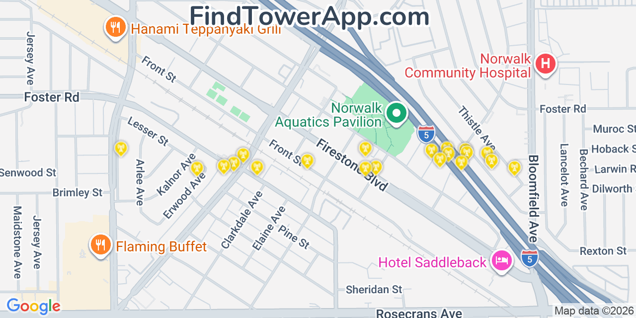 Map showing the 20 primary cell tower locations detected in Norwalk, California from AT&T, Verizon, and T-Mobile networks