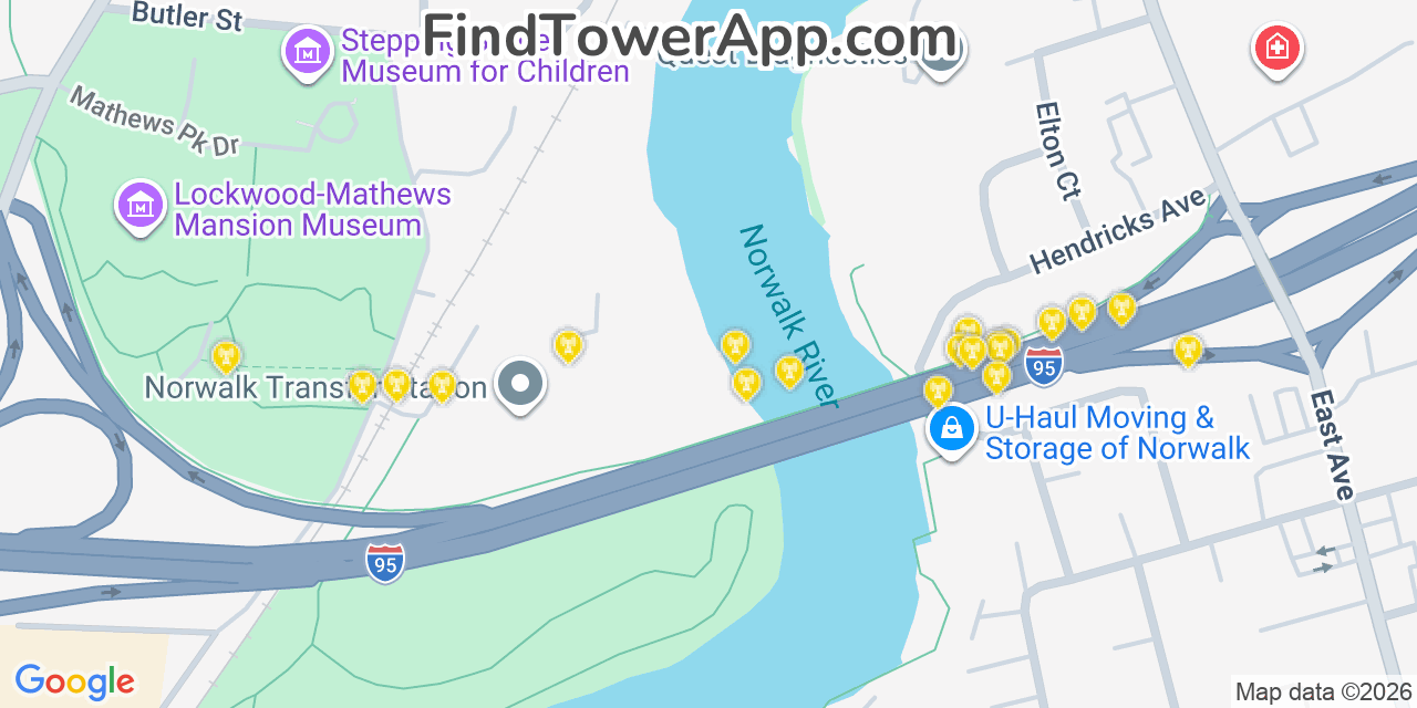 Map showing the 20 primary cell tower locations detected in Norwalk, Connecticut from AT&T, Verizon, and T-Mobile networks