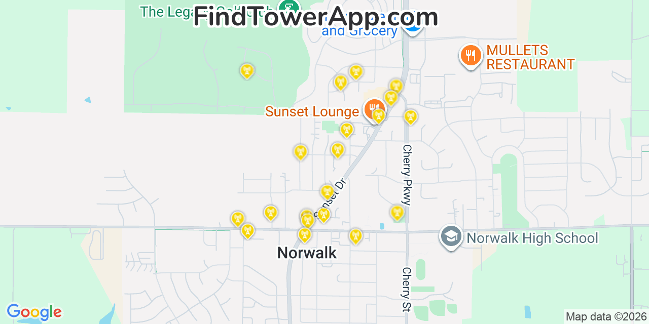 Map showing the 20 primary cell tower locations detected in Norwalk, Iowa from AT&T, Verizon, and T-Mobile networks