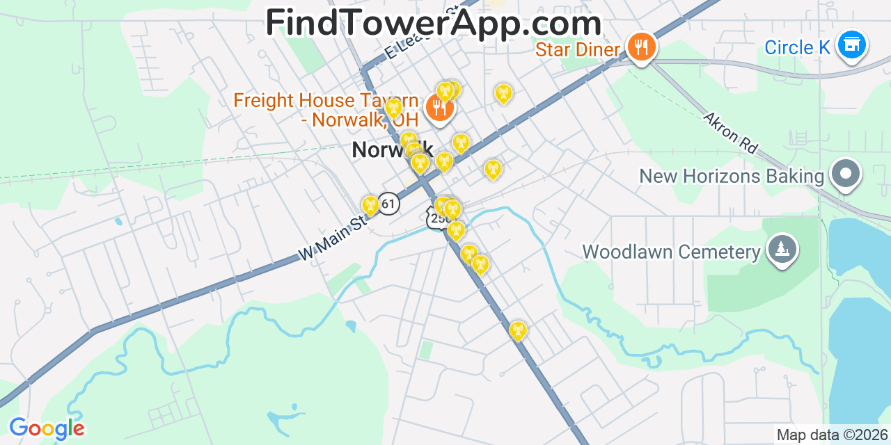 Map showing the 20 primary cell tower locations detected in Norwalk, Ohio from AT&T, Verizon, and T-Mobile networks
