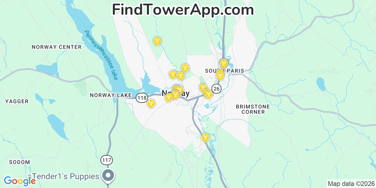 Map showing the 20 primary cell tower locations detected in Norway, Maine from AT&T, Verizon, and T-Mobile networks