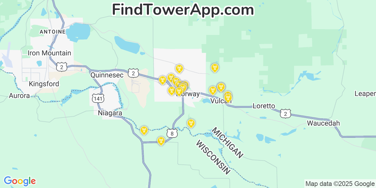 Map showing the 20 primary cell tower locations detected in Norway, Michigan from AT&T, Verizon, and T-Mobile networks