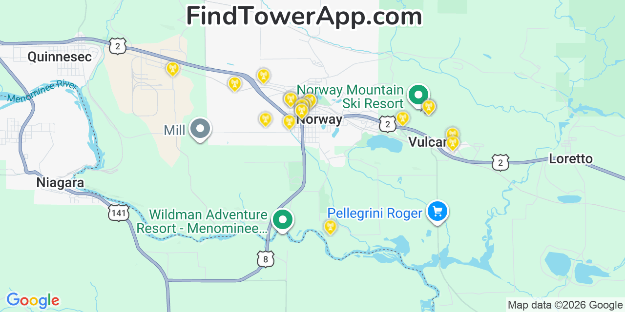 Map showing the 20 primary cell tower locations detected in Norway, Michigan from AT&T, Verizon, and T-Mobile networks
