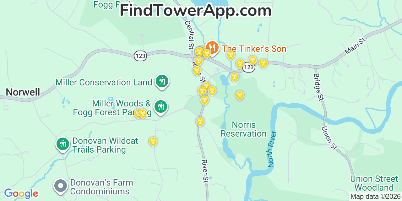 Map showing the 20 primary cell tower locations detected in Norwell, Massachusetts from AT&T, Verizon, and T-Mobile networks