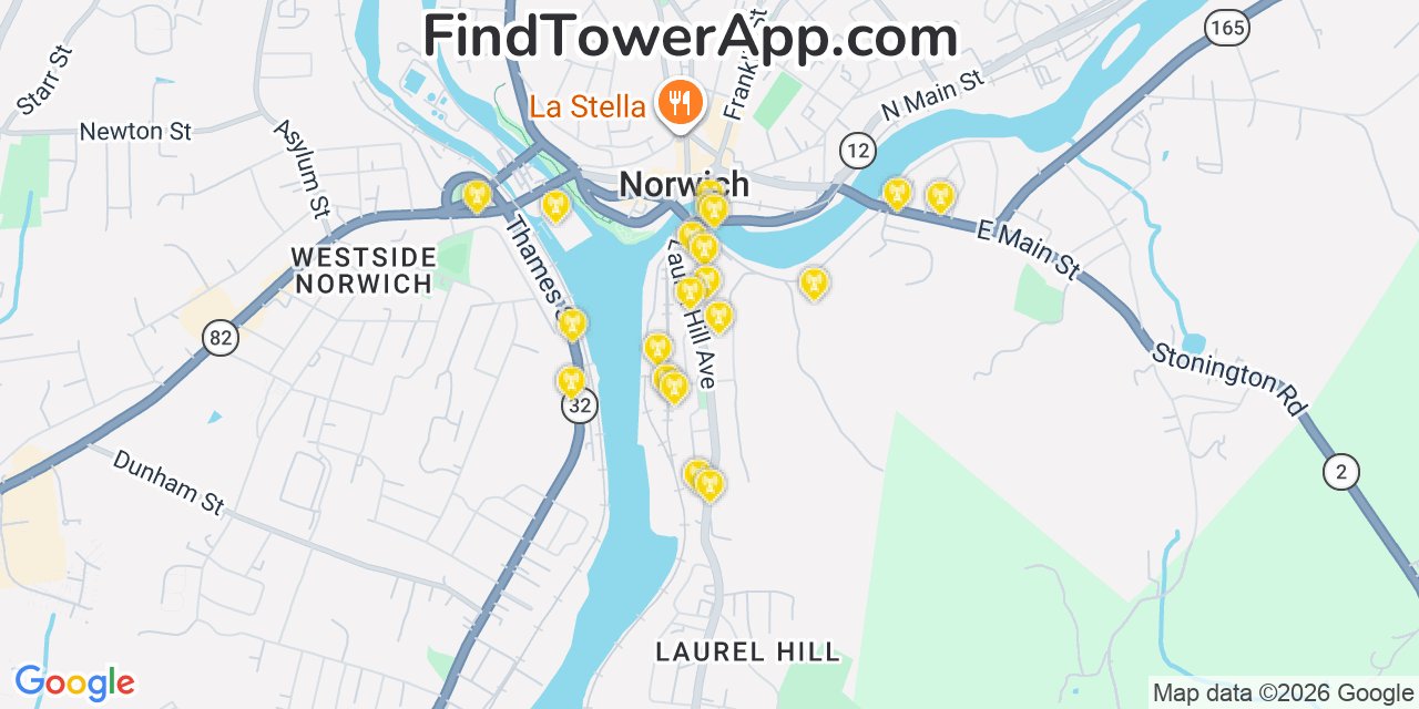 Map showing the 20 primary cell tower locations detected in Norwich, Connecticut from AT&T, Verizon, and T-Mobile networks