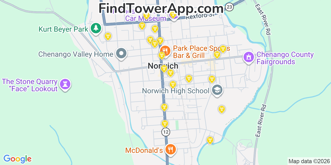Map showing the 20 primary cell tower locations detected in Norwich, New York from AT&T, Verizon, and T-Mobile networks