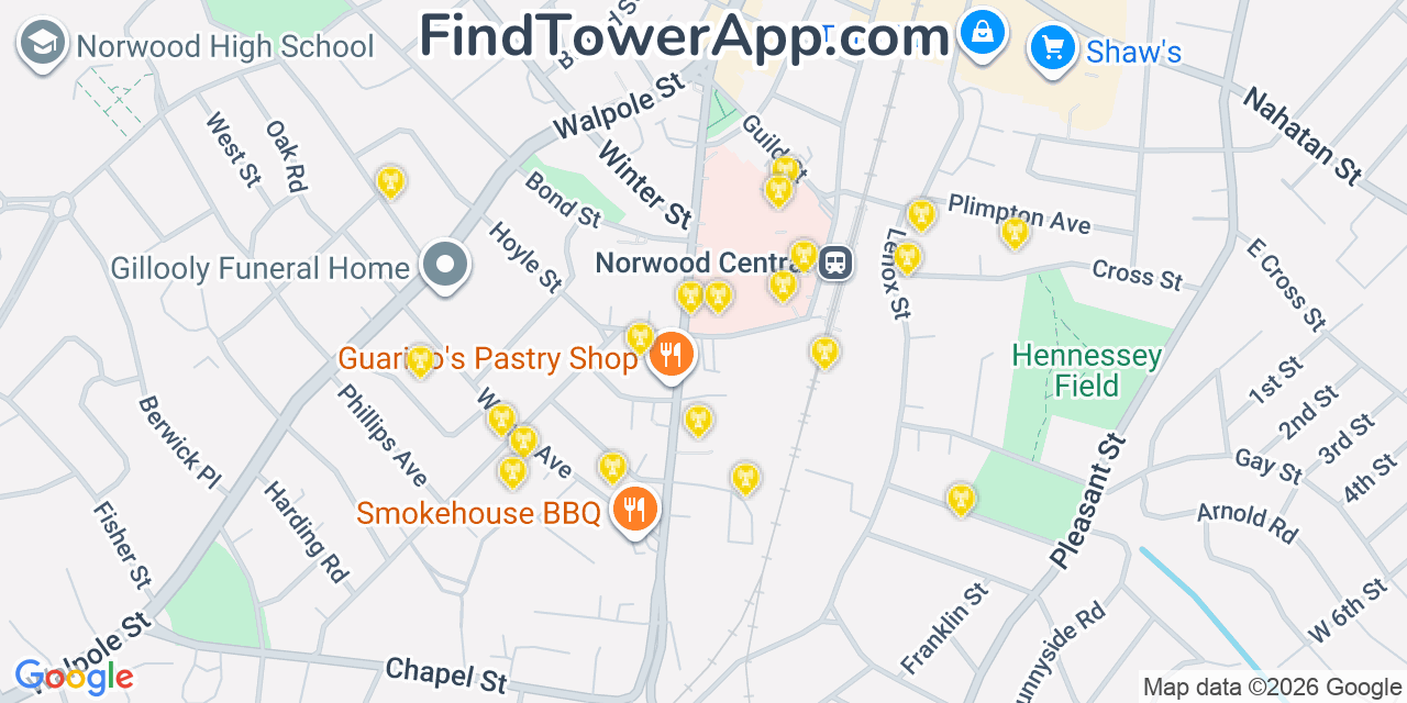 Map showing the 20 primary cell tower locations detected in Norwood, Massachusetts from AT&T, Verizon, and T-Mobile networks