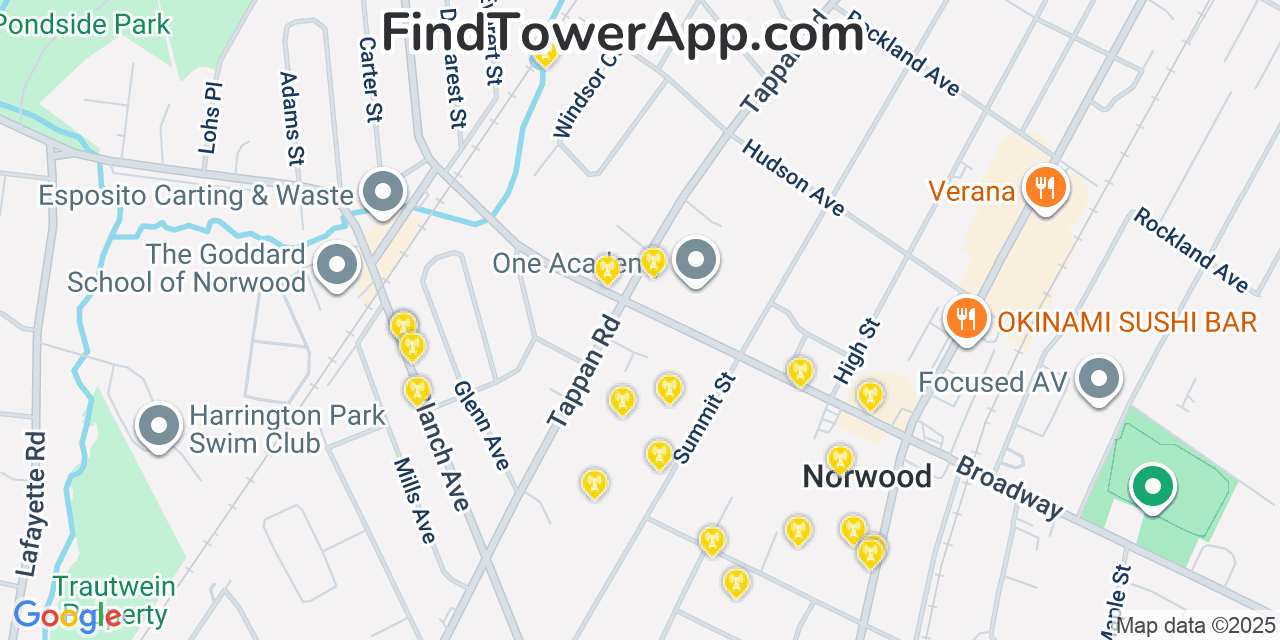 Map showing the 20 primary cell tower locations detected in Norwood, New Jersey from AT&T, Verizon, and T-Mobile networks