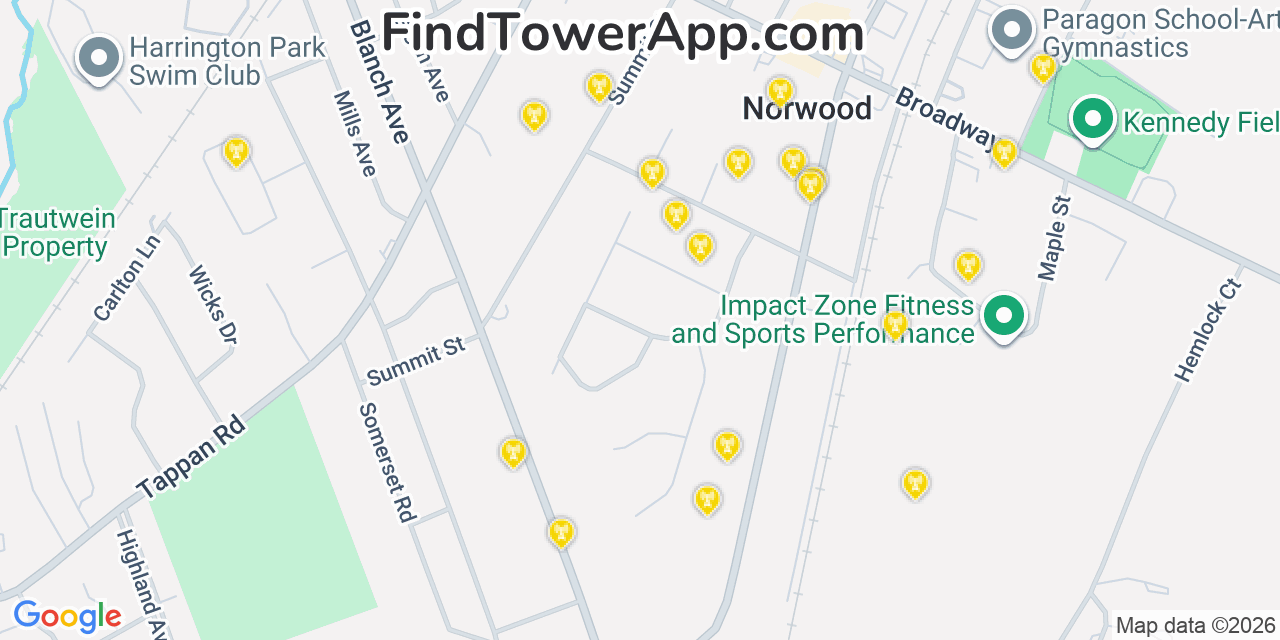 Map showing the 20 primary cell tower locations detected in Norwood, New Jersey from AT&T, Verizon, and T-Mobile networks