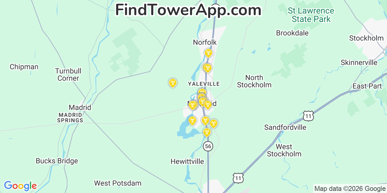 Map showing the 20 primary cell tower locations detected in Norwood, New York from AT&T, Verizon, and T-Mobile networks