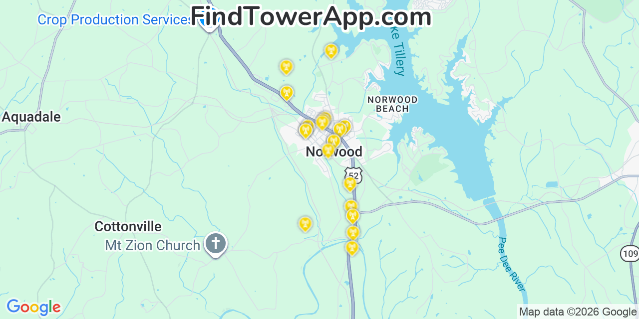 Map showing the 20 primary cell tower locations detected in Norwood, North Carolina from AT&T, Verizon, and T-Mobile networks