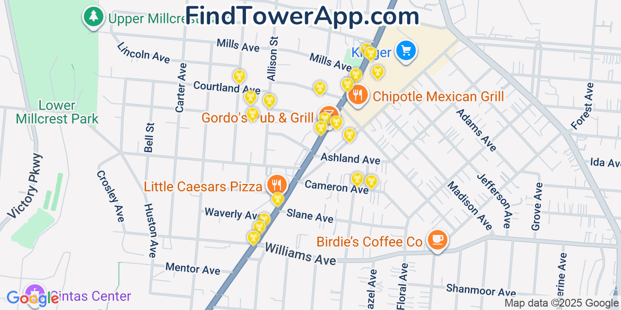 Map showing the 20 primary cell tower locations detected in Norwood, Ohio from AT&T, Verizon, and T-Mobile networks
