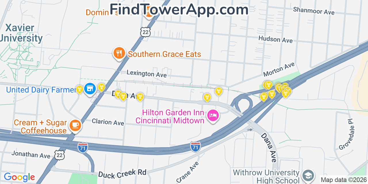 Map showing the 20 primary cell tower locations detected in Norwood, Ohio from AT&T, Verizon, and T-Mobile networks