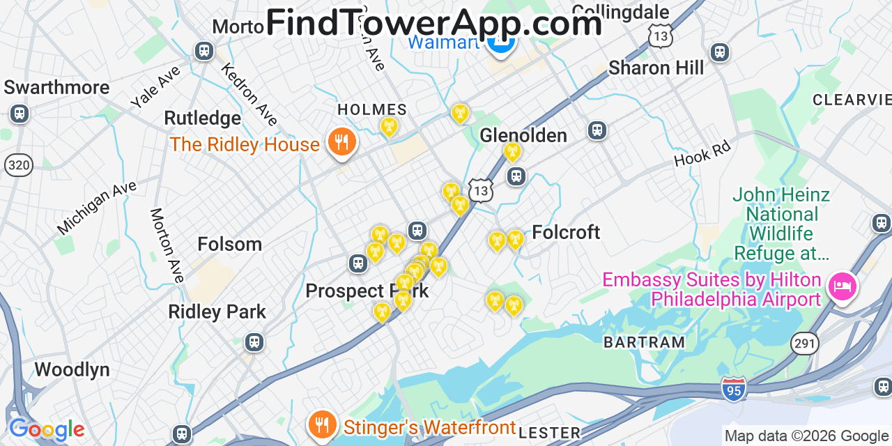Map showing the 20 primary cell tower locations detected in Norwood, Pennsylvania from AT&T, Verizon, and T-Mobile networks