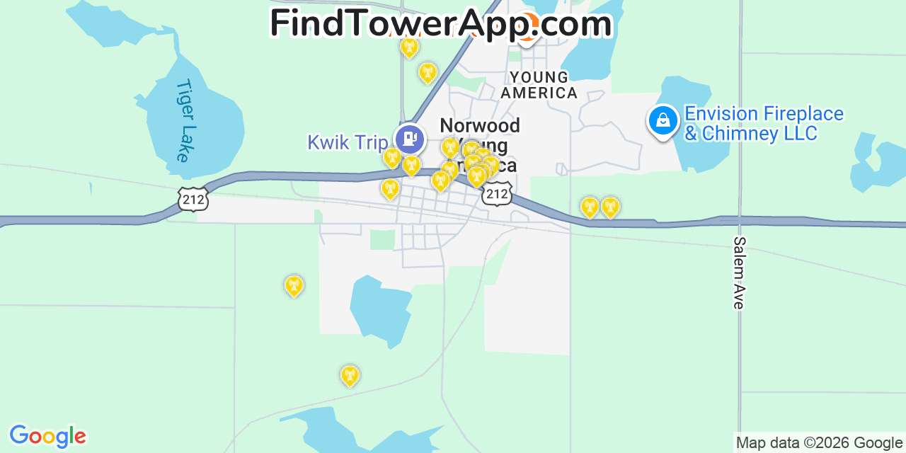 Map showing the 20 primary cell tower locations detected in Norwood Young America, Minnesota from AT&T, Verizon, and T-Mobile networks