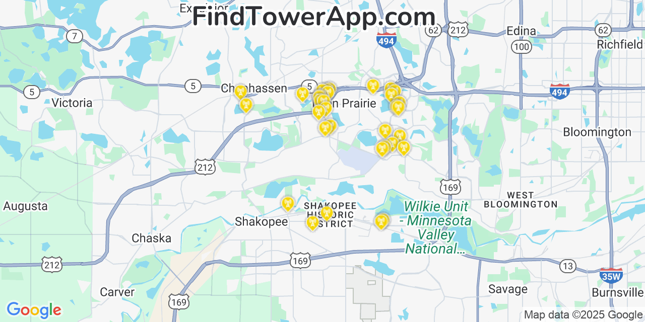Map showing the 33 primary AT&T cell tower locations detected in Norwood (Historical), Minnesota with coverage radius and signal strength indicators