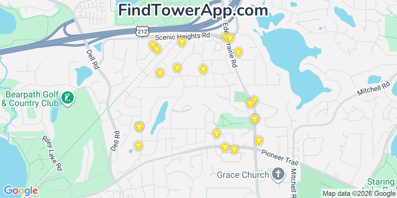 Map showing the 20 primary cell tower locations detected in Norwood (Historical), Minnesota from AT&T, Verizon, and T-Mobile networks