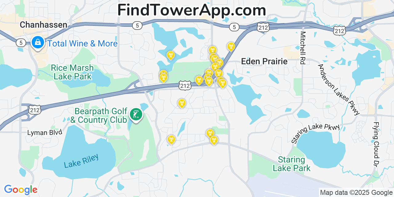 Map showing the 20 primary T-Mobile cell tower locations detected in Norwood (Historical), Minnesota with coverage radius and signal strength indicators