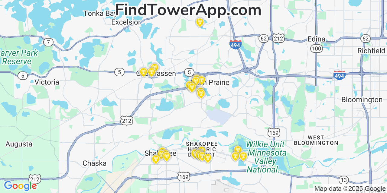 Map showing the 29 primary Verizon cell tower locations detected in Norwood (Historical), Minnesota with coverage radius and signal strength indicators
