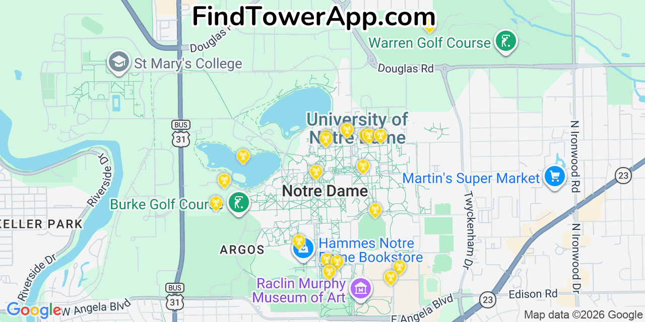Map showing the 20 primary cell tower locations detected in Notre Dame, Indiana from AT&T, Verizon, and T-Mobile networks