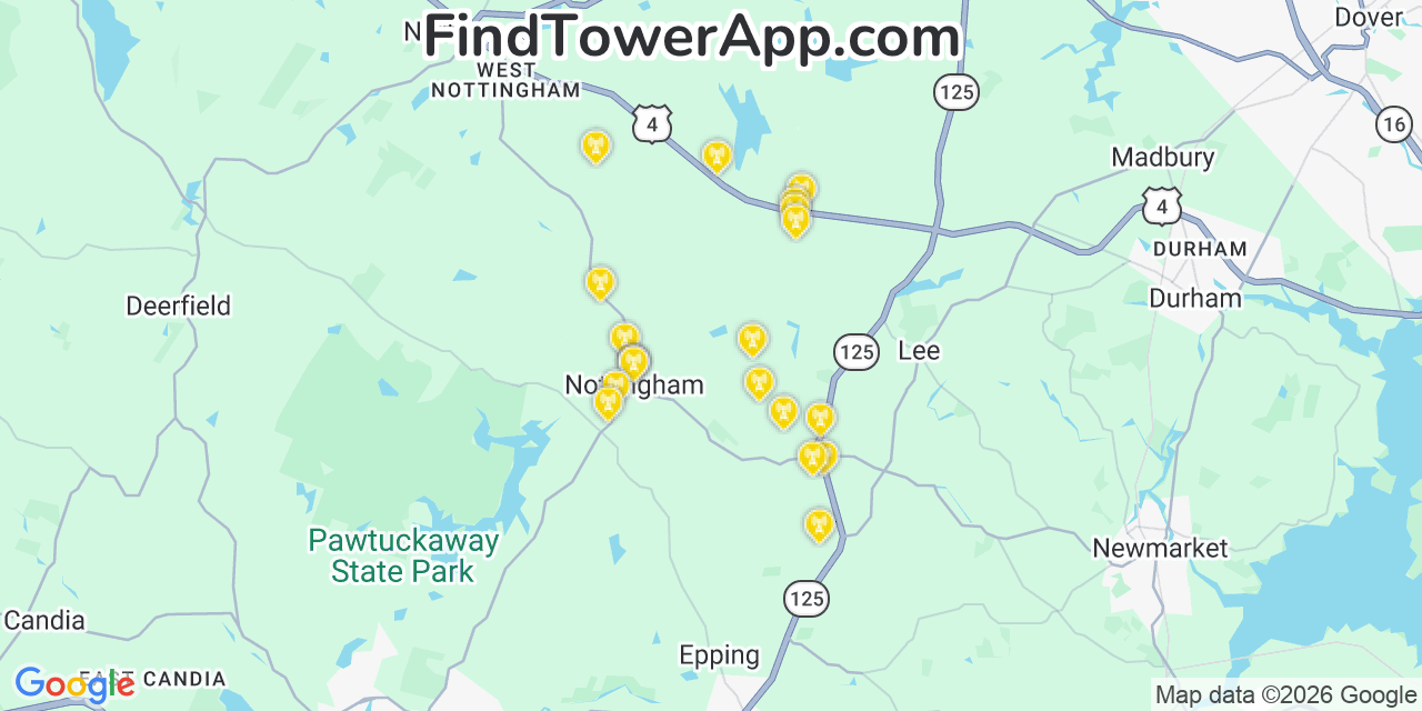 Map showing the 20 primary cell tower locations detected in Nottingham, New Hampshire from AT&T, Verizon, and T-Mobile networks