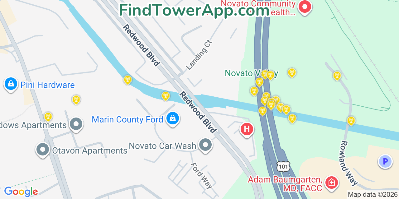 Map showing the 20 primary cell tower locations detected in Novato, California from AT&T, Verizon, and T-Mobile networks