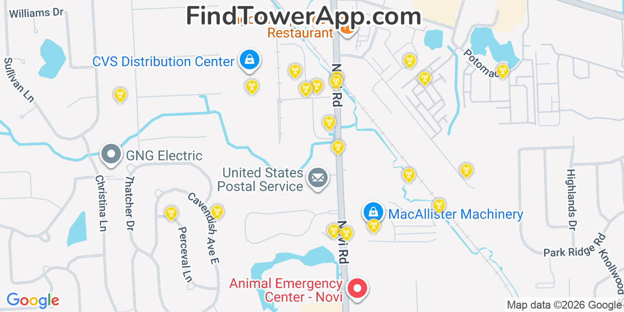 Map showing the 20 primary cell tower locations detected in Novi, Michigan from AT&T, Verizon, and T-Mobile networks