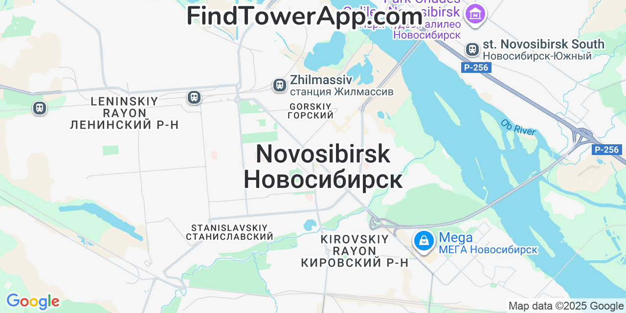 Map showing the 0 primary MegaFon cell tower locations detected in Novosibirsk, Russia with coverage radius and signal strength indicators
