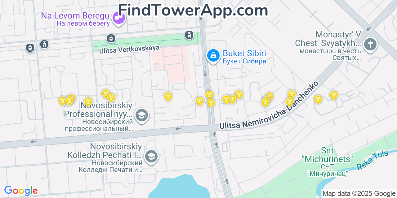 Map showing the 20 primary cell tower locations detected in Novosibirsk, Russia with coverage areas and signal strength