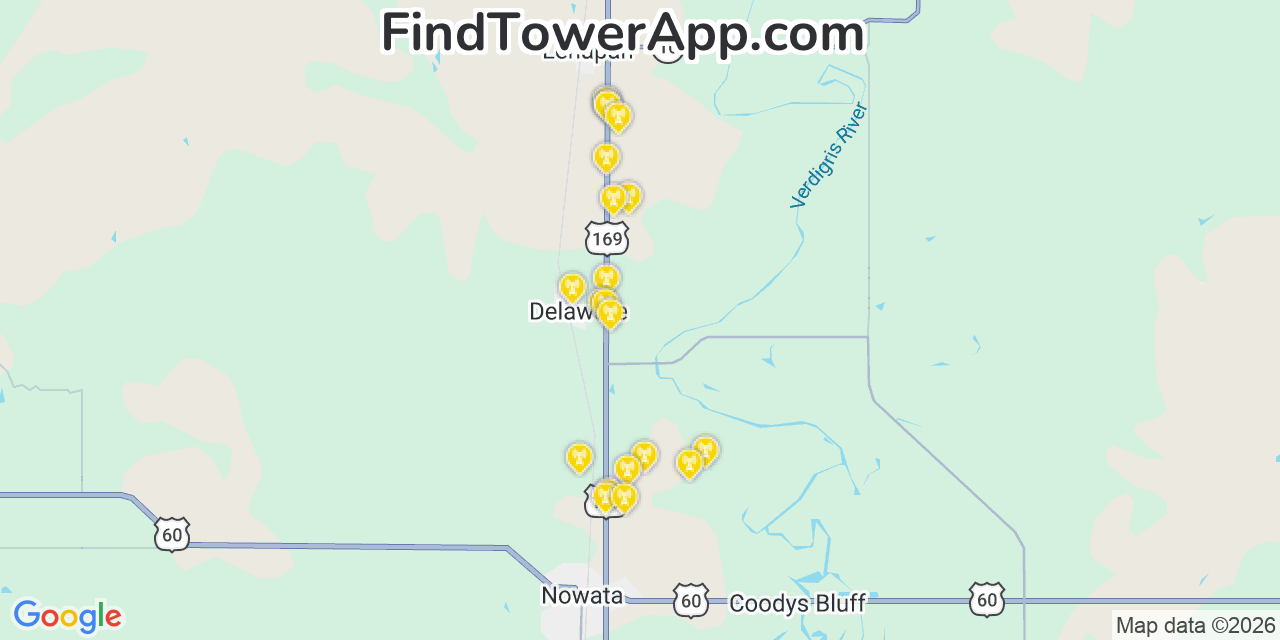 Map showing the 20 primary cell tower locations detected in Nowata, Oklahoma from AT&T, Verizon, and T-Mobile networks