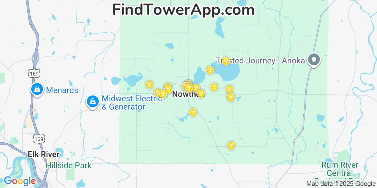 Map showing the 20 primary cell tower locations detected in Nowthen, Minnesota from AT&T, Verizon, and T-Mobile networks