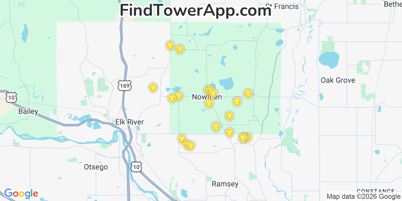 Map showing the 20 primary cell tower locations detected in Nowthen, Minnesota from AT&T, Verizon, and T-Mobile networks