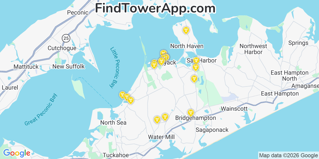 Map showing the 20 primary cell tower locations detected in Noyack, New York from AT&T, Verizon, and T-Mobile networks