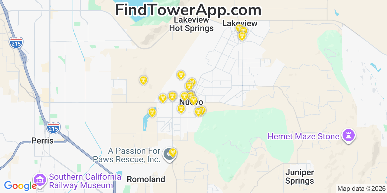 Map showing the 20 primary cell tower locations detected in Nuevo, California from AT&T, Verizon, and T-Mobile networks