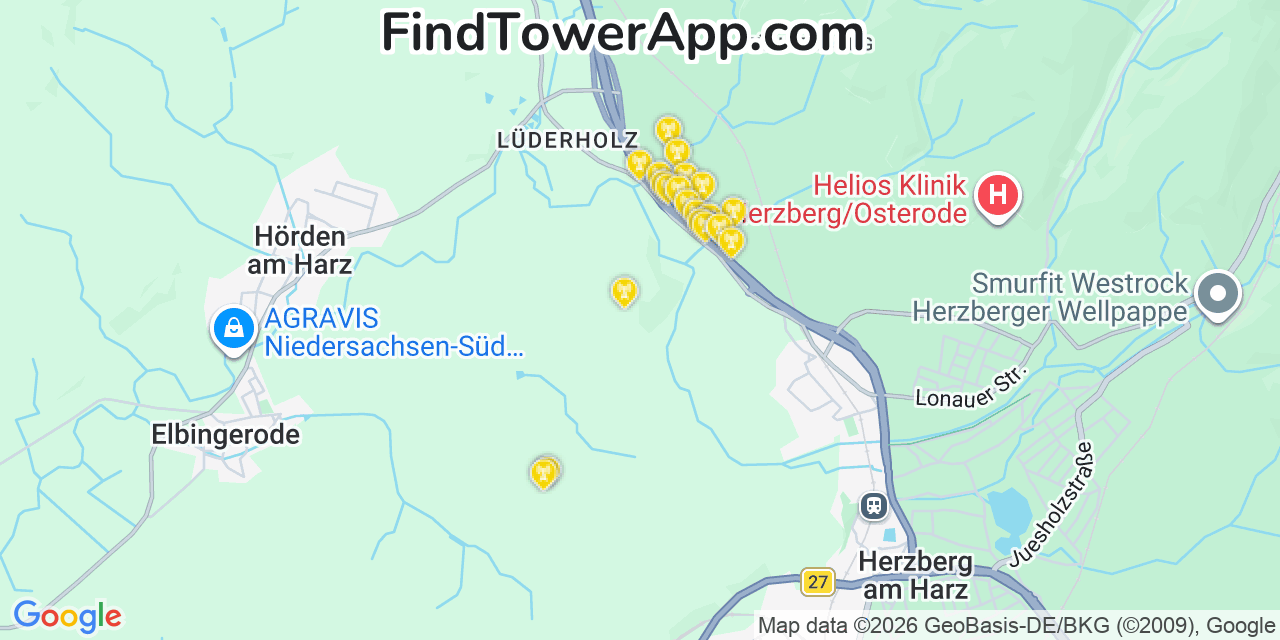 Map showing the 20 primary cell tower locations detected in Null, Germany with coverage areas and signal strength