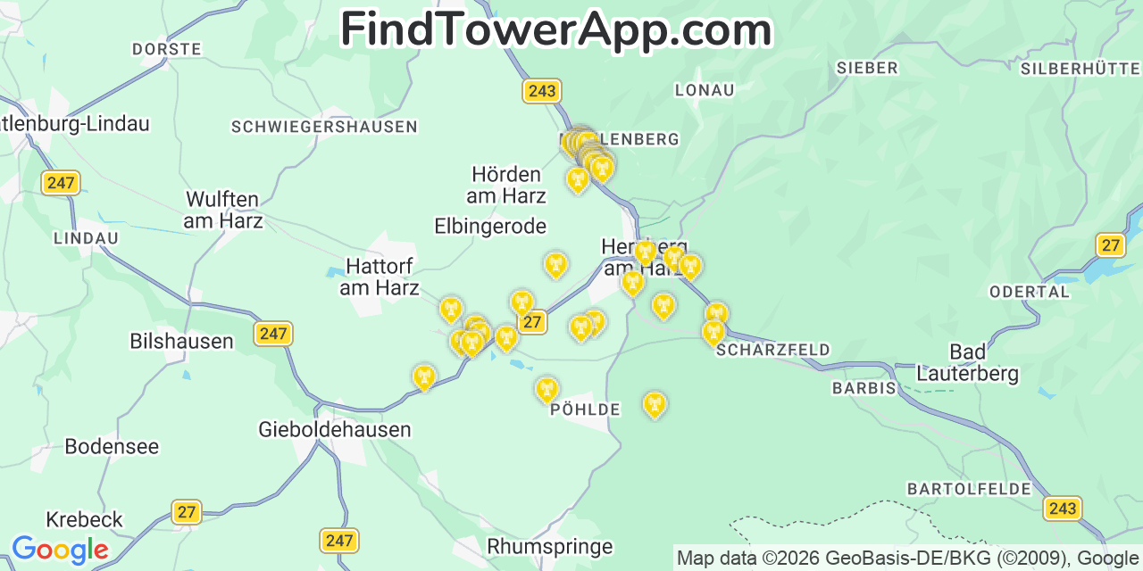 Map showing the 36 primary O2 cell tower locations in Null, Germany