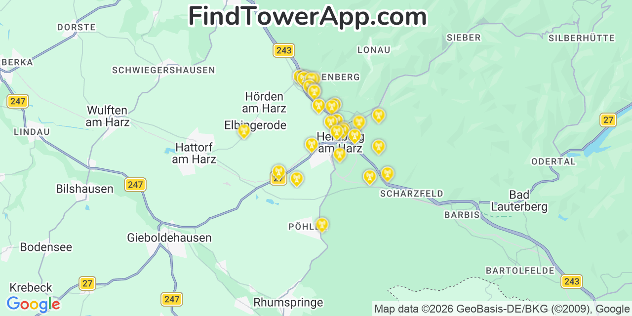 Map showing the 28 primary Telekom cell tower locations in Null, Germany
