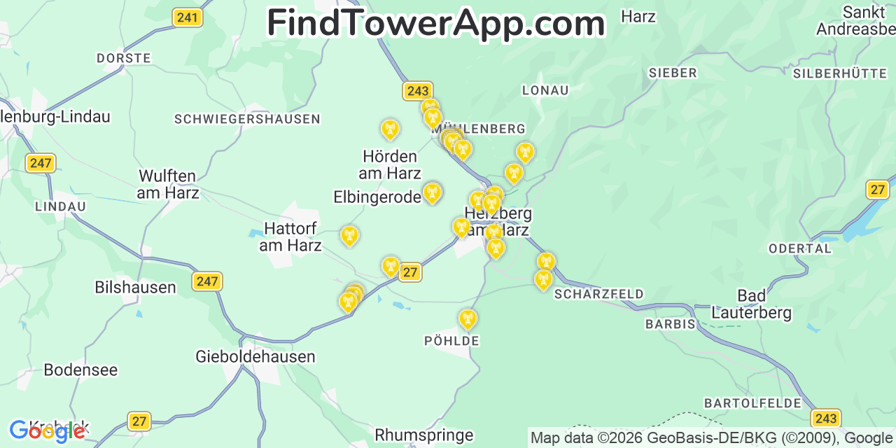 Map showing the 27 primary Vodafone cell tower locations in Null, Germany
