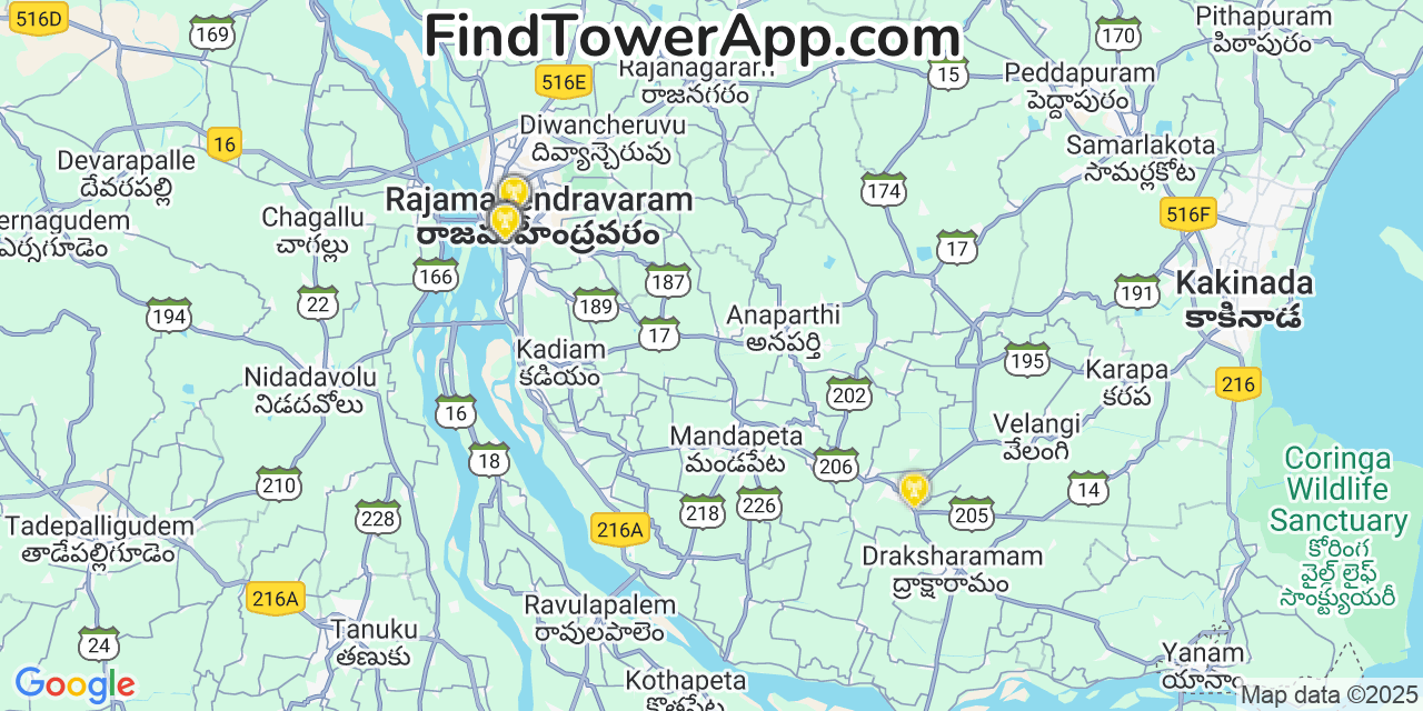 Map showing the 20 primary Karnataka cell tower locations in Null, India