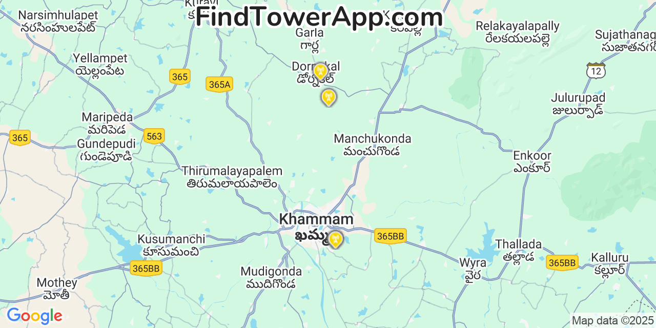 Map showing the 20 primary Kerala cell tower locations in Null, India