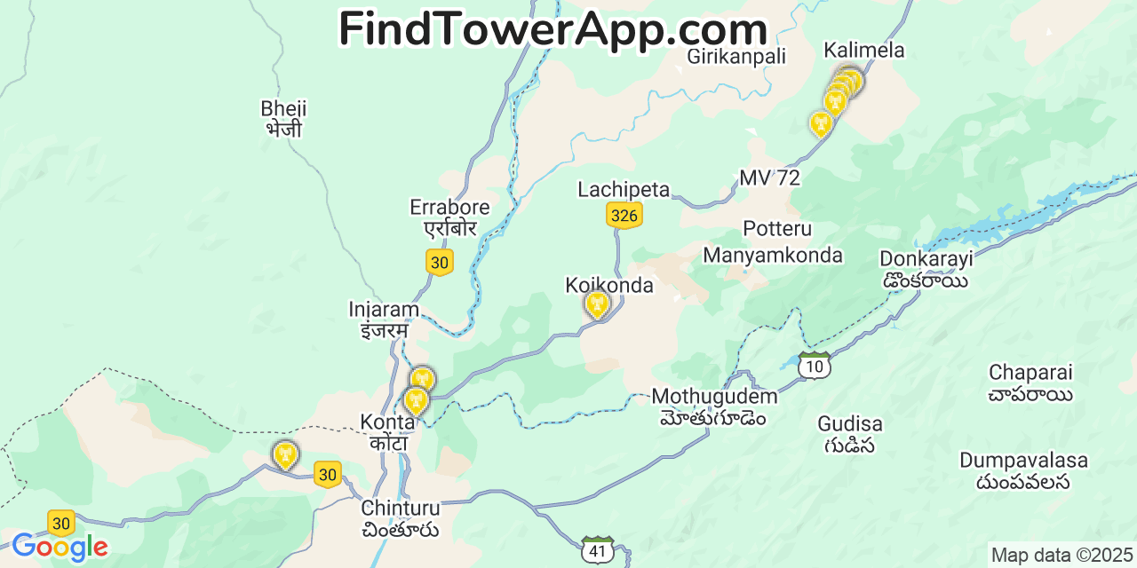 Map showing the 20 primary Orissa cell tower locations in Null, India
