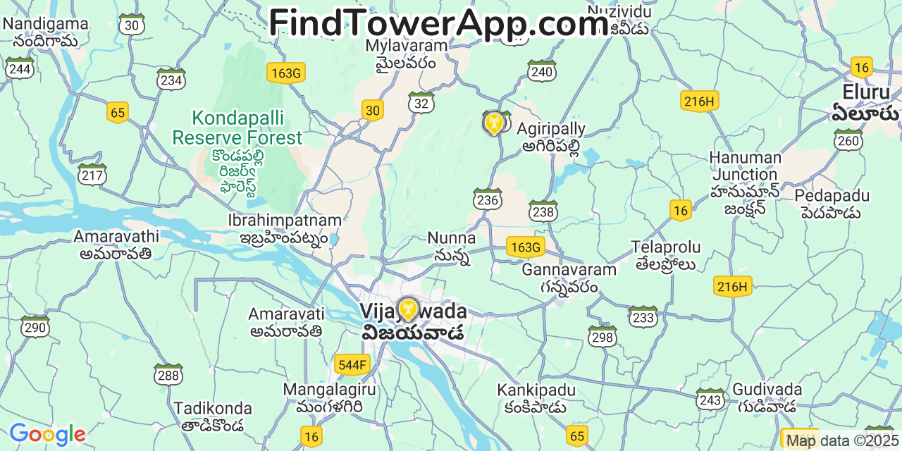 Map showing the 6 primary Vodafone cell tower locations in Null, India