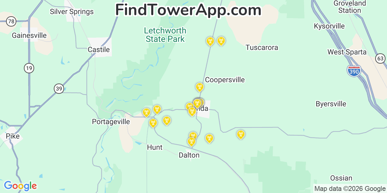 Map showing the 20 primary cell tower locations detected in Nunda, New York from AT&T, Verizon, and T-Mobile networks
