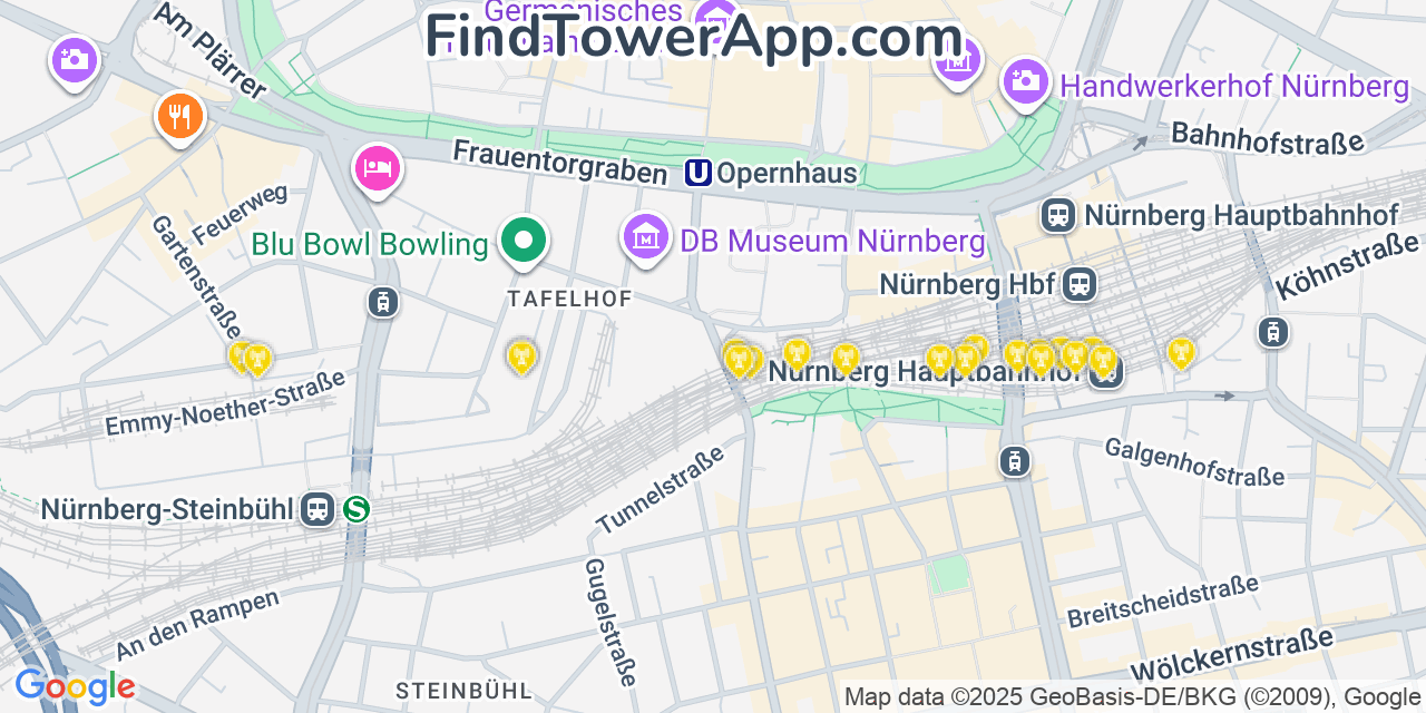 Map showing the 20 primary cell tower locations detected in Nuremberg, Germany with coverage areas and signal strength